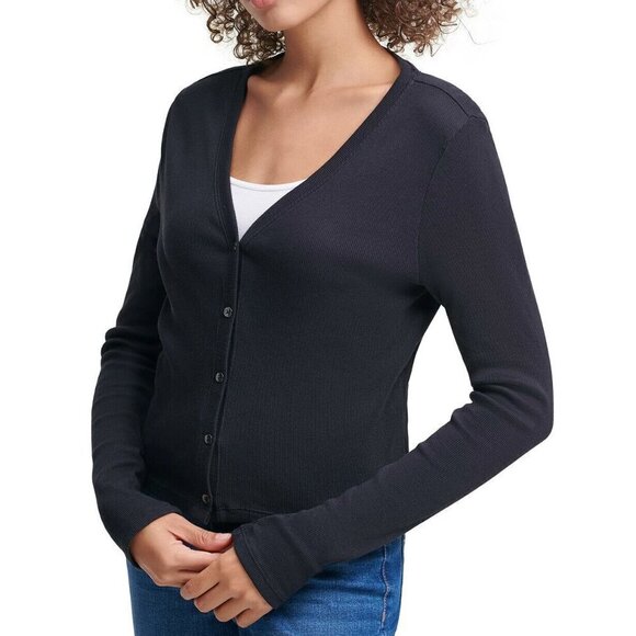 JR352 Calvin Klein Jeans Black Button-Front Cropped Cotton Top Size XL - Picture 1 of 1